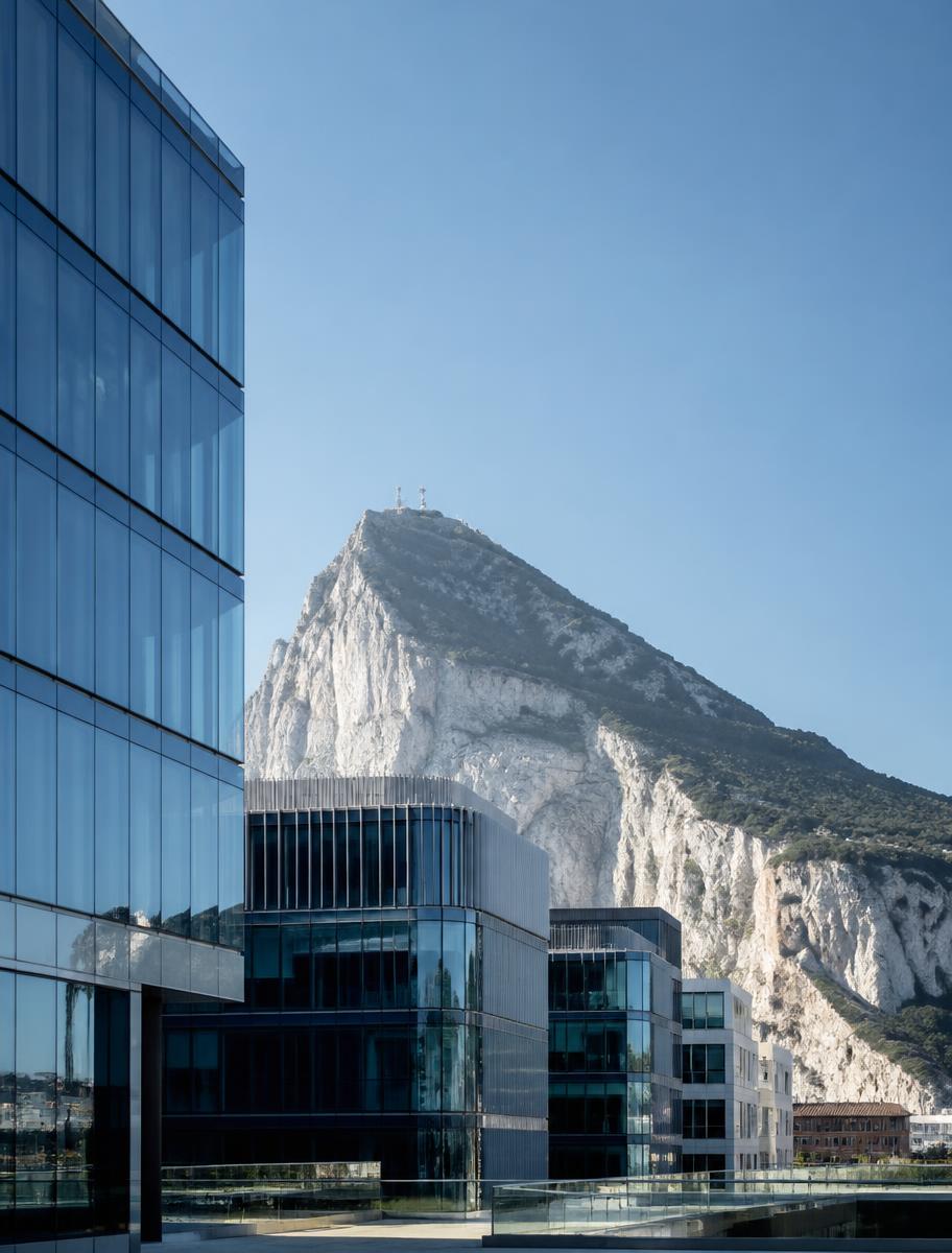 Modern Gibraltar business district with the Rock of Gibraltar